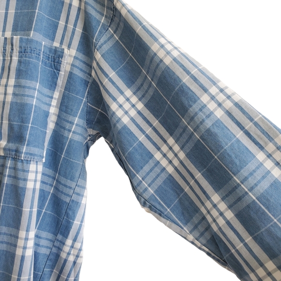 Venti6 Plaid White Blue Tunic Dress Button Up Chunky Collar Raw Hem Size Small - Picture 3 of 10